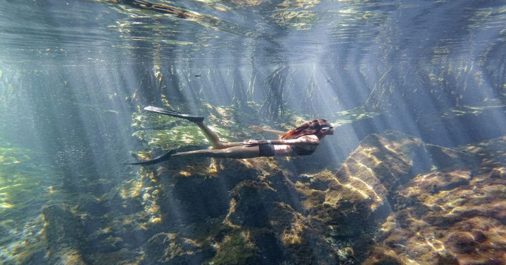 Mujer practicando submarinismo en un cenote en Playa del Carmen