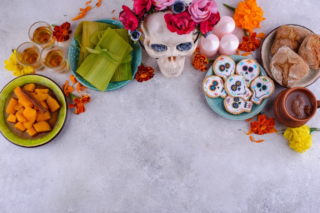 Comida típica para el altar del Día de Muertos en México.