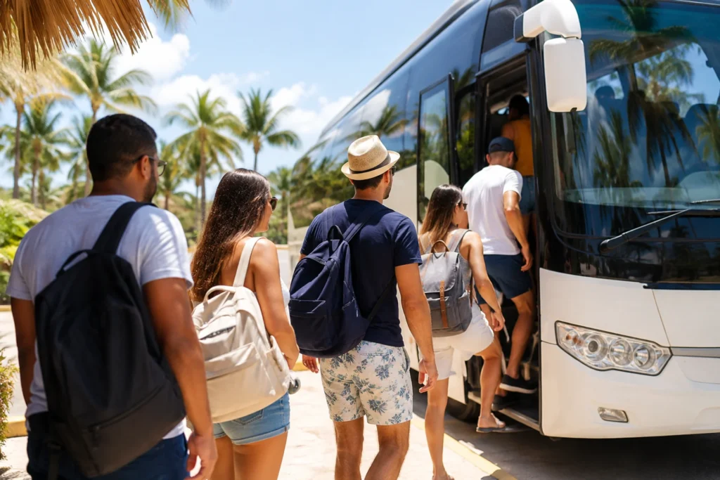 Grupo de personas subiendo aun autobús