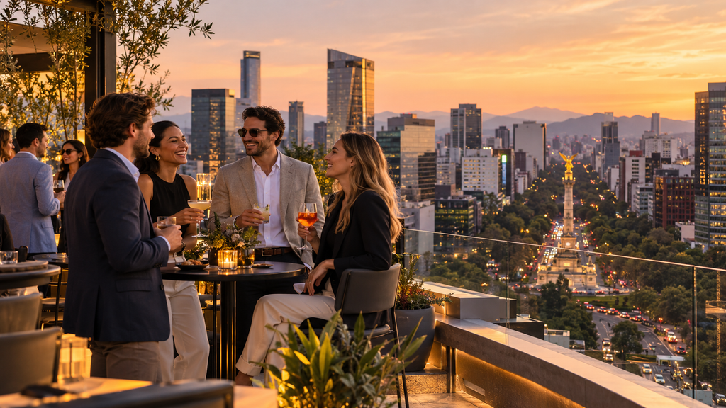 Grupo de compañeros de trabajo brindando en una terraza durante la puesta de sol con vistas al Ángel de la Independencia en Ciudad de México.